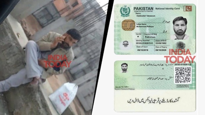 Pahalgam terrorist attack mastermind Sajid Jatt alias Habibullah Tabassum as seen talking over phone (left) from his safehouse in Pakistan's Kasur and his Pakistan identity card (right). Pahalgam terrorist attack mastermind