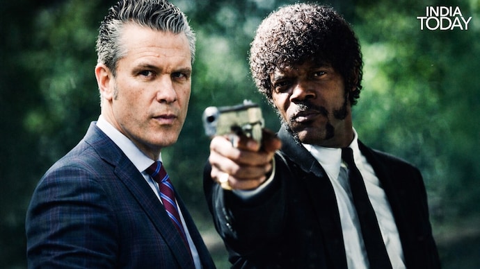 If Samuel L Jackson's character heard what Pete Hegseth had to say, he would probably reply "say what again". (Images: X/File) Pete Hegseth repeats speech from Pulp Fiction in Pentagon prayer service.