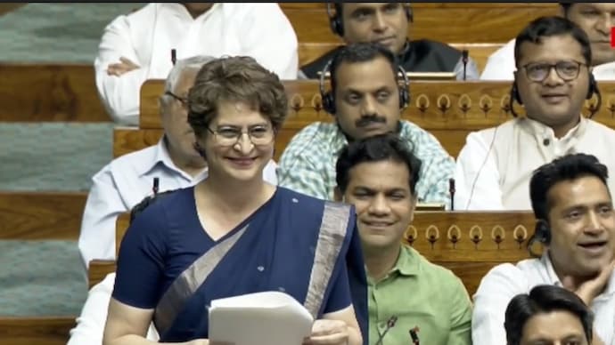 Congress MP Priyanka Gandhi speaks in Lok Sabha. priyanka gandhi amit shah chanakya