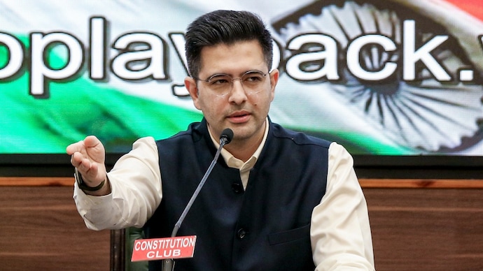 AAP Rajya Sabha MP Raghav Chadha announcing his resignation from the party at a press conference in Delhi on Friday. (Photo: PTI)