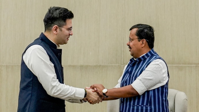 BJP National President Nitin Nabin meets Rajya Sabha MP Raghav Chadha on Friday. (PTI) raghav chadha