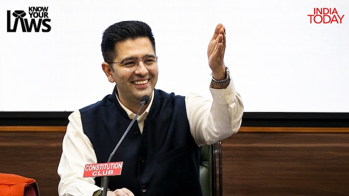 Raghav Chadha announced he and six other AAP Rajya Sabha MPs will merge themselves with BJP. (Photo: PTI/India Today) raghav chadha aam aadmi party bjp quits