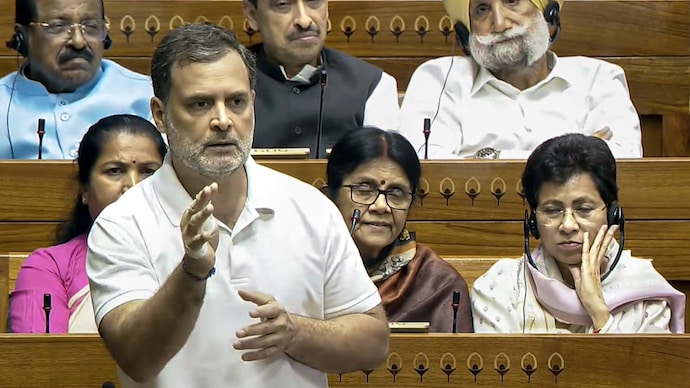 Congress MP and Leader of Opposition in Lok Sabha Rahul Gandhi speaks in the House during the Special session of Parliament on Friday. (Photo: PTI)