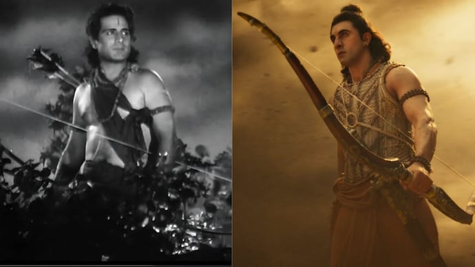 (L) Prithviraj Kapoor as Ram in the 1934 film, Seeta; (R) Ranbir Kapoor as Rama in Ramayana teaser. (YouTube screengrab)