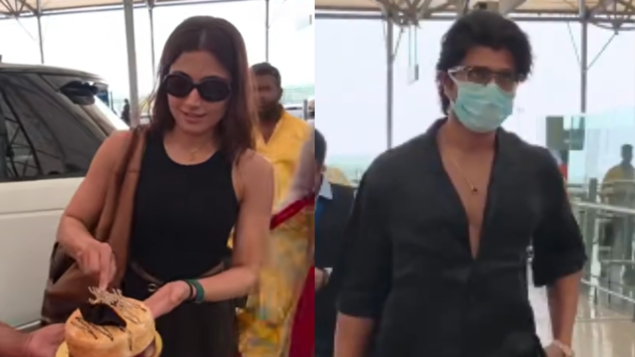 Rashmika cuts cake at airport, heads for birthday vacation with Vijay and family