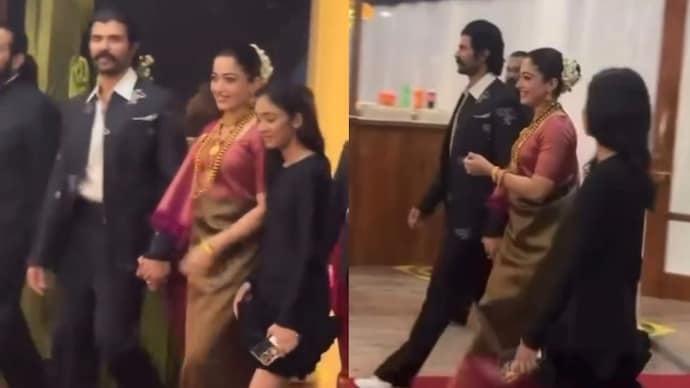 Rashmika Mandanna and Vijay Deverakonda walk hand in hand at their Kodava reception in Coorg. Rashmika Mandanna and Vijay Deverakonda's reception.