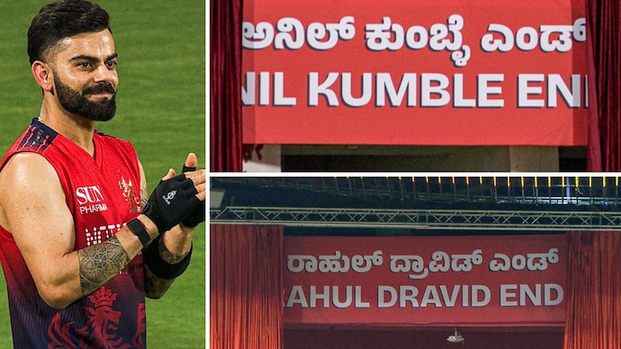 IPL 2026: Kohli applauds as the Rahul Dravid and Anil Kumble ends are revealed. (Image: Star Sports) RCB vs CSK