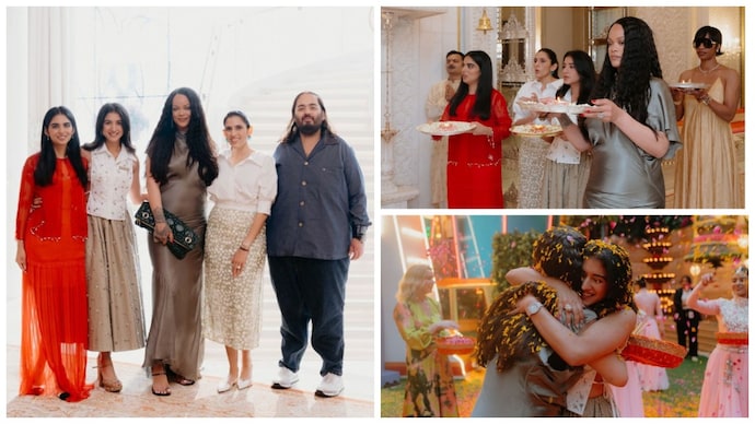 Rihanna was welcomed at Antilia by Isha Ambani, Shloka Mehta, Radhika Merchant and Anant Ambani. Rihanna joins Ambani family for puja and special lunch at Antilia during Mumbai trip