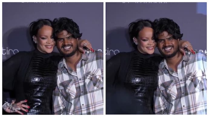 Rihanna had a fun interaction with photographers at the launch event of her cosmetics brand in Mumbai. (Credit: X) Rihanna’s viral Mumbai moment: Singer invites pap for a photo-op in fun video