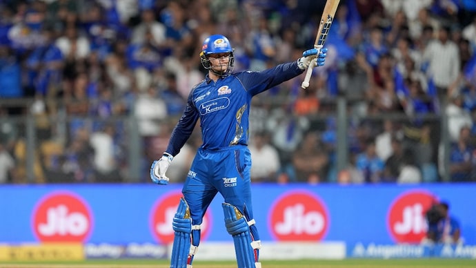 MI vs SRH: Ryan Rickelton celebrates his maiden IPL hundred. (PTI Photo) Ryan Rickelton