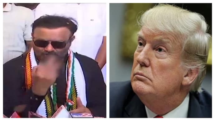 Karnataka Minister Santosh Lad showing middle finger, condemning Donald Trump's recent remark on India. Santosh Lad, Donald Trump