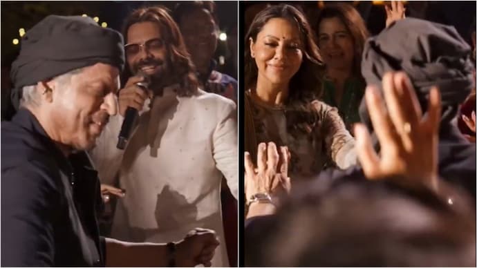Shahrukh Khan was also seen dancing with his wife Gauri Khan. (Credit: X/@jeetn25) Shahrukh Khan, Gauri Khan