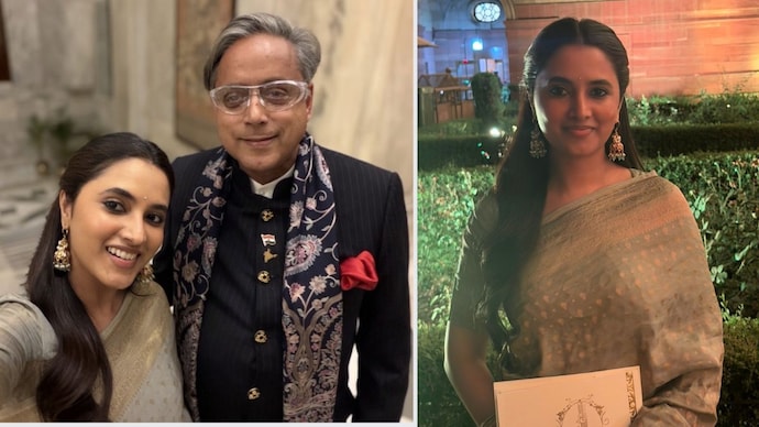 Shashi Tharoor turns photographer for Priyanka Mohan at Rashtrapati Bhavan event.