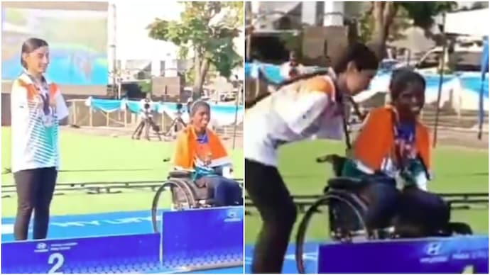 Sheetal Devi helped Payal Nag face the flag after the medal ceremony in Bangkok (Screengrab from X video) Sheetal Devi and Payal Nag