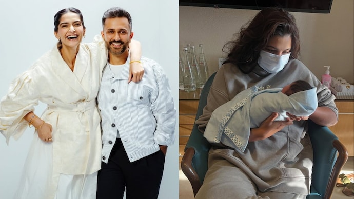 Rhea Kapoor introduced Sonam and Anand Ahuja's second son with a heartfelt picture. (Photo credits: Instagram/sonamkapoor, rheakapoor) Sonam Kapoor, Anand Ahuja and Rhea Kapoor.