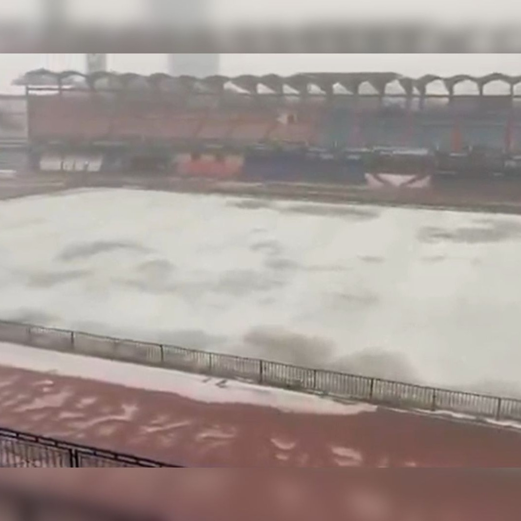 Kanteerava Stadium turns white after intense hailstorm sweeps Bengaluru