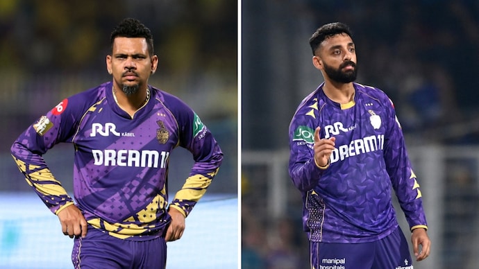 KKR won't have both Varun Chakravarthy (R) and Sunil Narine (L) for the first time in 7 years. (Image: Reuters) Sunil Narine, Varun Chakravarthy