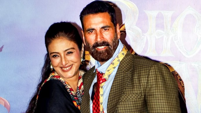 Tabu and Akshay Kumar at the trailer launch of Bhoot Bangla. Tabu, Akshay Kumar