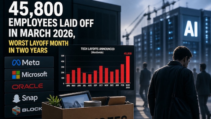 Tech layoffs surged in March 2026 as companies moved focus toward AI spending and cost cuts. (Image generated using AI) tech layoffs, meta layoffs, oracle layoffs, microsoft layoffs,