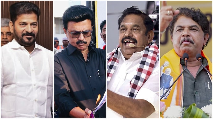 Telangana Chief Minister A Revanth Reddy, Tamil Nadu Chief Minister M K Stalin, Tamil Nadu Leader of the Opposition Edappadi K Palaniswami, and Karnataka Leader of the Opposition R Ashoka. Telangana Chief Minister A Revanth Reddy, Tamil Nadu Chief Minister M K Stalin, Tamil Nadu Leader of the Opposition Edappadi K Palaniswami, and Karnataka Leader of the Opposition R Ashoka.
