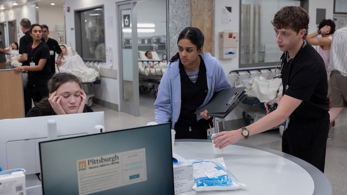 Isa Briones (extreme left), Shabana Azeez and Gerran Howell (right) in a still from The Pitt Season 2 (Photo: HBOMax) The Pitt