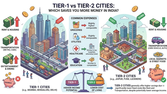 Tier-1 vs Tier-2 cities in India compared on cost of living, salary, and savings. Find out where your income goes further and which cities help you save more. (AI image generated) Tier-1 vs Tier-2 cities in India compared on cost of living, salary, and savings. Find out where your income goes further and which cities help you save more.