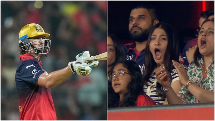 Tim David thrilled RCB faithfuls with a blistering knock vs CSK in Bengaluru (PTI/Screengrab from JioHostar) Tim David and Anushka Sharma