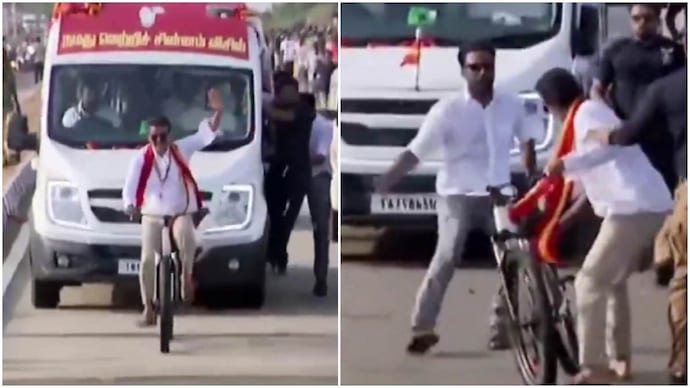 TVK chief Vijay jumps off bicycle after fan throws flower ball (Photos: @TelanganaMaata/X) TVK chief Vijay jumps off bicycle after fan throws flower ball. Video goes viral