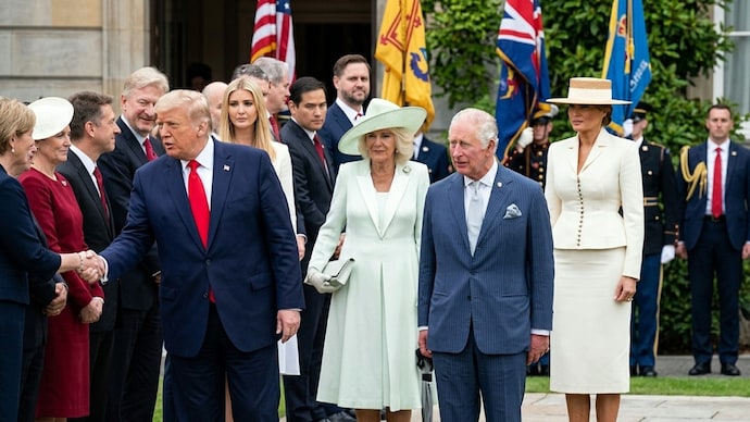 US President Donald Trump sparked a royal protocol stir after stepping in front of Queen Camilla while she was greeting officials at the White House. (Image: Reuters) US President Donald Trump sparked a royal protocol stir after stepping in front of Queen Camilla while she was greeting officials at the White House. (Image: Reuter)