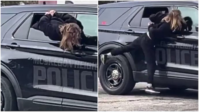 US woman squeezes out of police car window while handcuffed (Photos: @CBSNews/X) US woman squeezes out of police car window while handcuffed