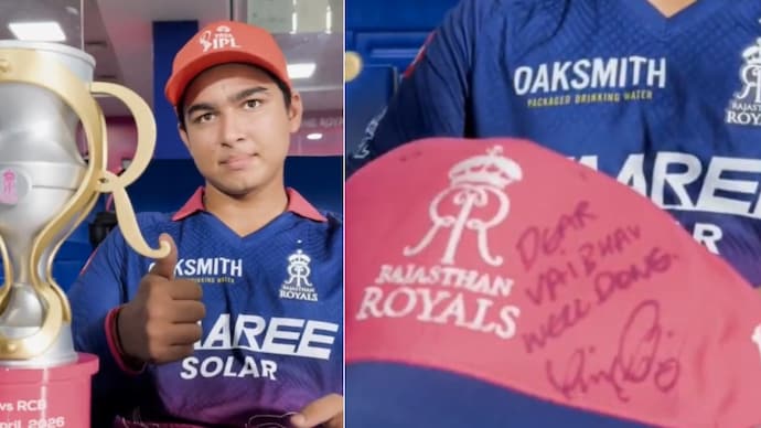 Vaibhav Sooryavanshi with the signed cap from Virat Kohli. Courtesy: RR Instagram Vaibhav Sooryavanshi