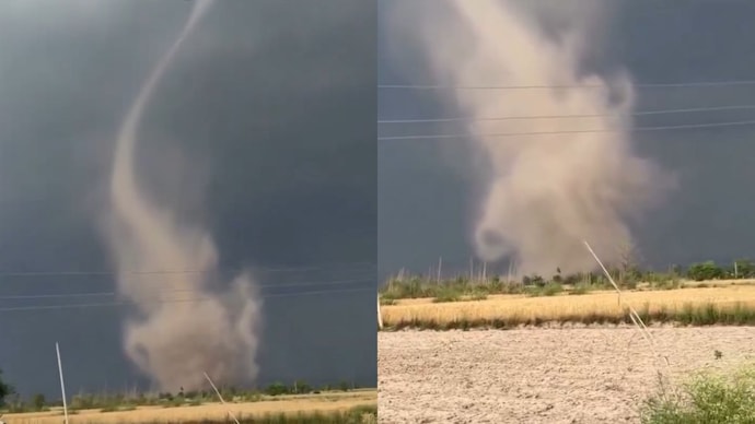 Watch the towering dust column stretch toward a stormy sky as part of the rare Akhnoor tornado on April 11. (Photo: X/@navdeepdahiya55) Watch the towering dust column stretch toward a stormy sky as part of the rare Akhnoor tornado on April 11. (Photo: X/@navdeepdahiya55)