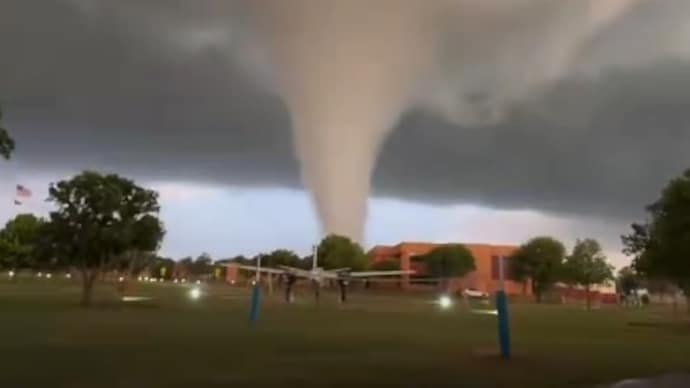 A screengrab of the tornado that hit Oaklhoma, US. (Photo: Screengrab/X) Watch: Video captured from a plane shows tornado strike air force base