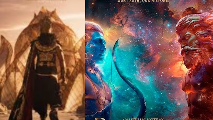 Yash as Ravana in a still from Ramayana (L), A poster of Ramayana (R)