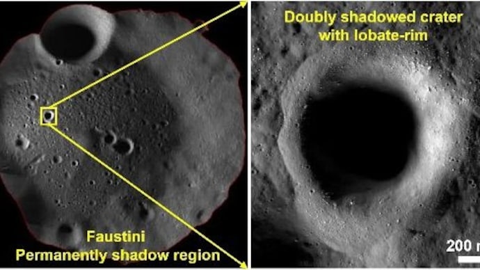 A ShadowCam image of a 1.1 km diameter doubly shadowed crater. (Photo: Isro) A ShadowCam image of a 1.1 km diameter doubly shadowed crater. (Photo: Isro)