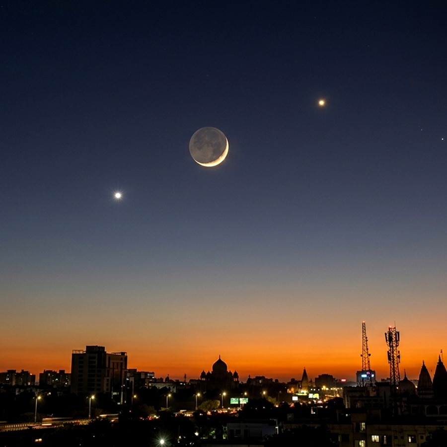 A thin waxing crescent Moon joins Venus and Jupiter low in the western sky on May 19, 2026, forming a celestial triangle visible to the naked eye across India. (Photo: Radifah Kabir)