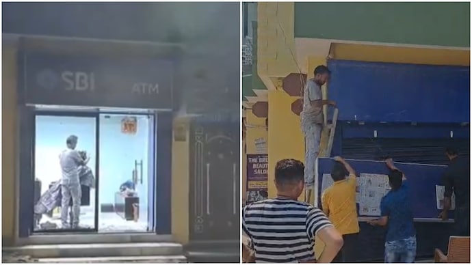 : A video showing a barbershop inside an ATM in Patna has gone viral. The logo was later removed. : A video showing a barbershop inside an ATM in Patna has gone viral.