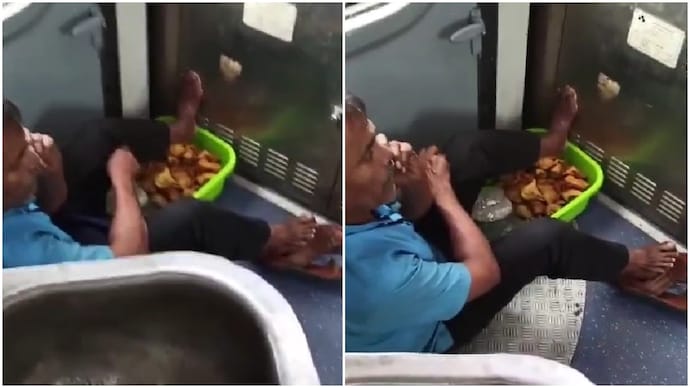 Vendor sits on floor of moving train, rests feet on basket of samosas A viral video showed a vendor with his feet resting on a basket of samosas inside a moving train coach. The clip prompted a railway enquiry and renewed concerns over hygiene and unauthorised hawkers.