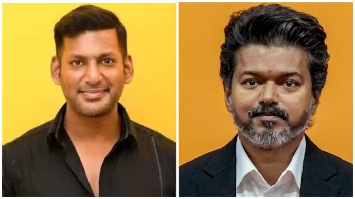 Vishal (Left), Tamil Nadu Chief Minister C Joseph Vijay (Right). Actor Vishal calls Vijay most prolific CM for allowing five theatre shows a day