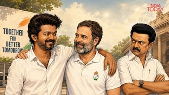 After Vijay's TVK was supported by Rahul Gandhi's Congress, the outgoing CM of Tamil Nadu, MK Stalin, and other DMK leaders accused the Congress of betrayal. (Generative AI Image/Harsh Raj Sahani)