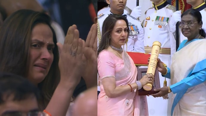 Ahana Deol (L), Hema Malini (C), President of India Droupadi Murmu (R). (Photo: Video screengrab)