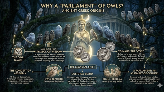 Why do owls gather in a Parliament? The ancient Greek history behind it (AI generated image)