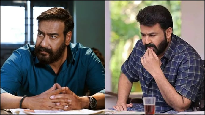 Ajay Devgan (left) and Mohanlal (right) in scenes from the Drishyam franchise. Ajay Devgan, Mohanlal