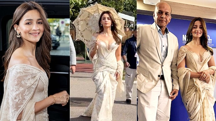Alia Bhatt poses on Day 2 of Cannes in an ivory saree (Photo: Getty Images/ Video screenshots) Alia Bhatt gives saree a Cannes twist in new ivory-umbrella look. Watch