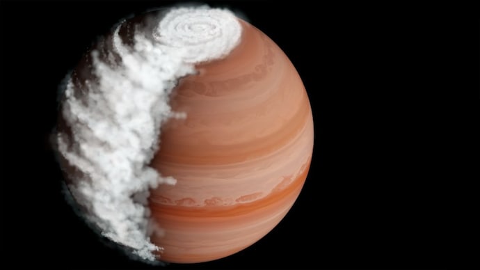 An artist's impression of WASP-94A b, a Hot Jupiter exoplanet. New JWST data reveals the planet experiences dramatic cloud cycles, with cloudy mornings and clear evenings. (Credit: Hannah Robbins/Johns Hopkins University) An artist's impression of WASP-94A b, a Hot Jupiter exoplanet. New JWST data reveals the planet experiences dramatic cloud cycles, with cloudy mornings and clear evenings. (Credit: Hannah Robbins/Johns Hopkins University)