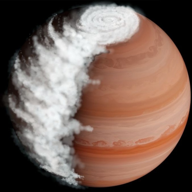 An artist's impression of WASP-94A b, a Hot Jupiter exoplanet. New JWST data reveals the planet experiences dramatic cloud cycles, with cloudy mornings and clear evenings. (Credit: Hannah Robbins/Johns Hopkins University)