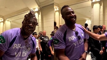 KKR players smash cake on Andre Russell's face after win vs SRH