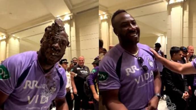 Andre Russell gets his face smashed with cake after SRH vs KKR. (Photo: Screengrab/KKRiders) Andre Russell