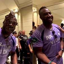 KKR players smash cake on Andre Russell's face after win vs SRH