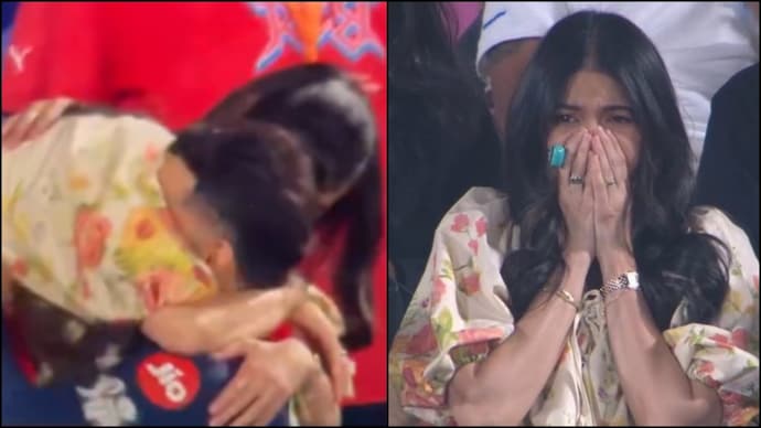 Virat Kohli hugs Anushka Sharma after RCB’s Qualifier 1 win. Anushka Sharma, Virat Kohli
